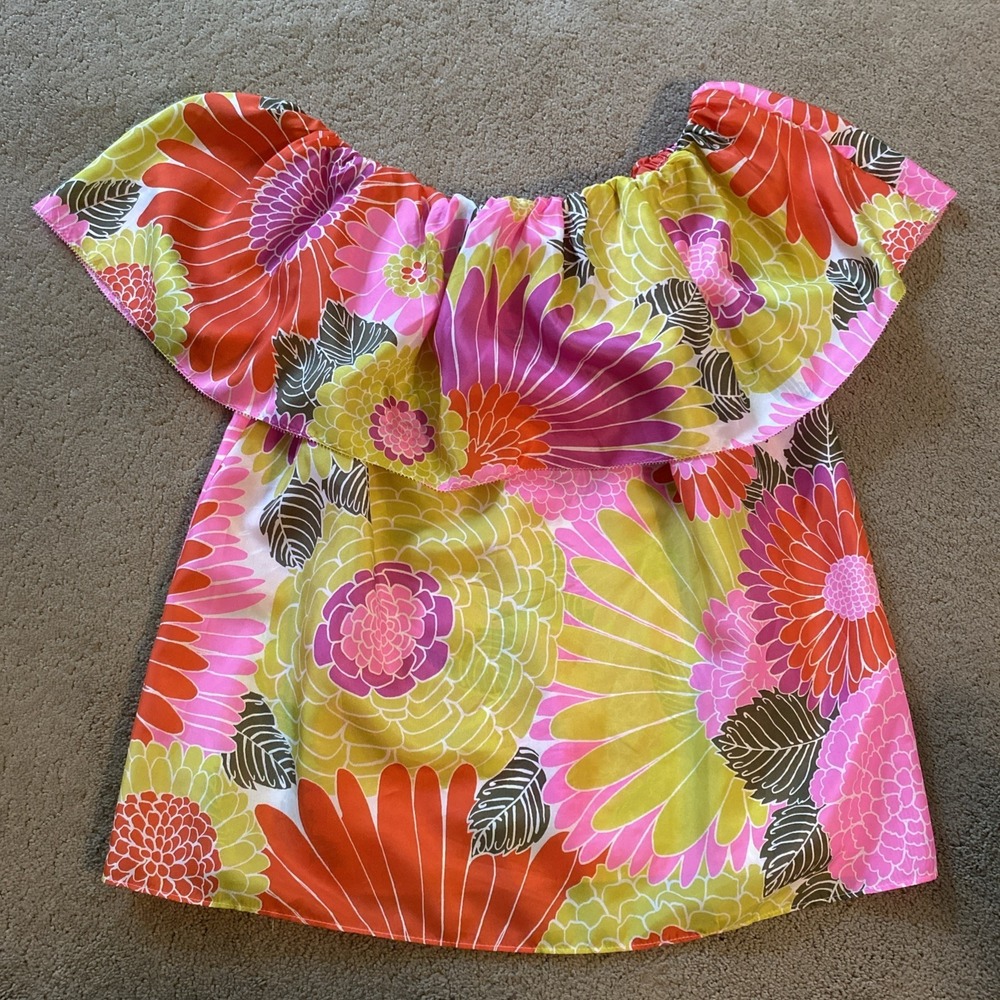 TRINA TURK "AQUA CALIENTE" WARM SANDS OFF-THE-SHOULDER 100% SILK FLORAL TOP M